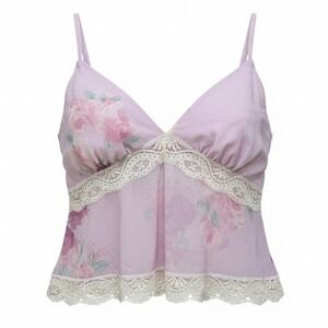 Floral Lace Trim Cami Top Purple Pink V-Neck Babydoll Camisole Sleeveless Women